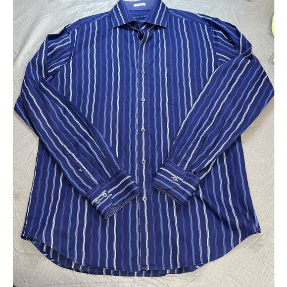 Bugatchi Uomo Men's Dress Shirt Shaped Fit Medium Blue Stripe Pattern - Picture 1 of 16